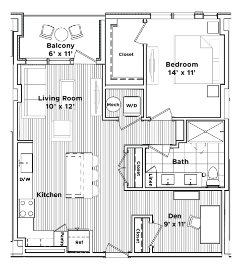 Floor plan for 1 bed, 1 bath, 894 sqft